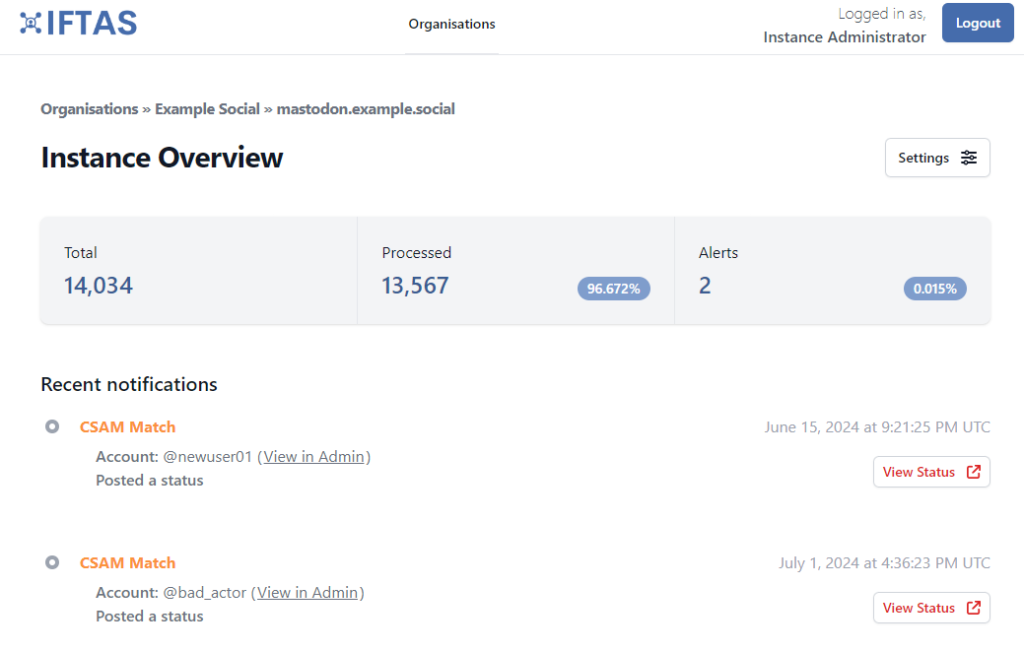 Screenshot of the prototype CSAM detections service, demonstrating two pertinent matches of illegal content