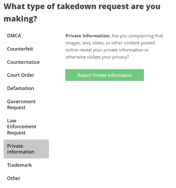 Screenshot of the Lumen API widget, allowing end users to submit a takedown request of various types including DMCA, Trademark, and Law Enforcement Request